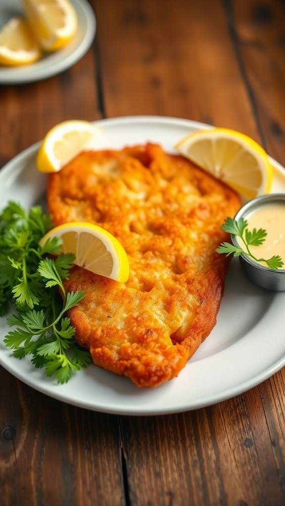 Crispy Pork Schnitzel with Fresh Lemon Wedges Crispy pork schnitzel on a plate with lemon wedges and parsley, set on a rustic wooden table.